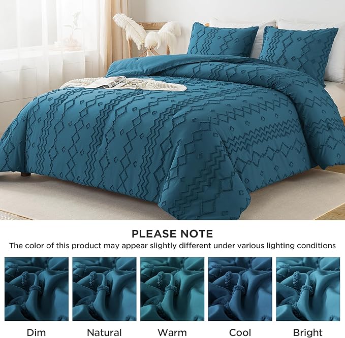 Andency Teal Tufted Comforter Set Full(79x90Inch), 3 Pieces(1 Boho Comforter, 2 Pillowcases) Textured Farmhouse Bed Set, Soft Microfiber Down Alternative Geometric Bedding