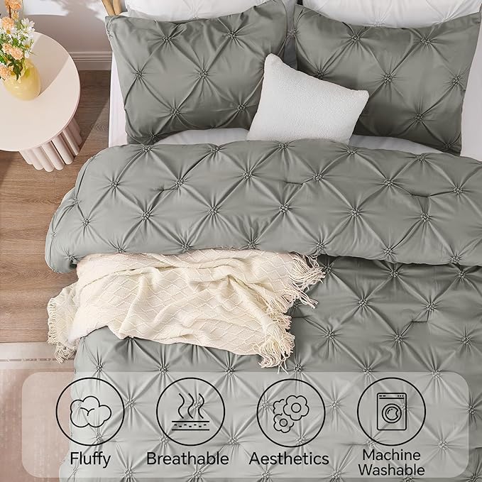 BEDELITE Grey King Size Comforter Set - 3 Pieces Boho Pintuck Bedding Comforter Sets, Lightweight Soft & Warm King Bedding Set with 2 Pillowcases for All Season