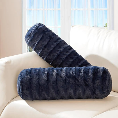 Cheer Collection Faux Fur Bolster Pillows – Soft Decorative Cylinder Pillows for Bed or Couch, Machine Washable – 8” x 24”, Set of 2, Blue