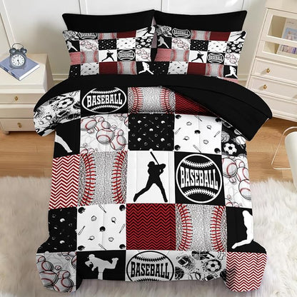 Nesker 5 Pcs Comforter Set Twin Size, Baseball Softball Sports Boys Bedding Set for Kids and Adults, Red Black Gray Patchwork Checked Bed Sheet Sets with Fitted Sheet Pillowcases & Shams