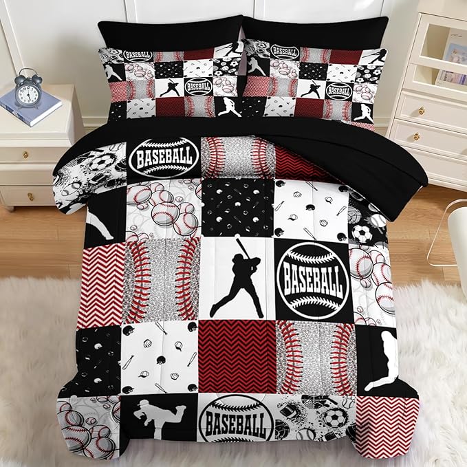 Nesker 7 Pcs Comforter Set Queen Size, Baseball Softball Sports Boys Bedding Set for Kids and Adults, Red Black Gray Patchwork Checked Sheets Bed Sheet Sets with Fitted Sheet 2 Pillowcases & 2 Shams