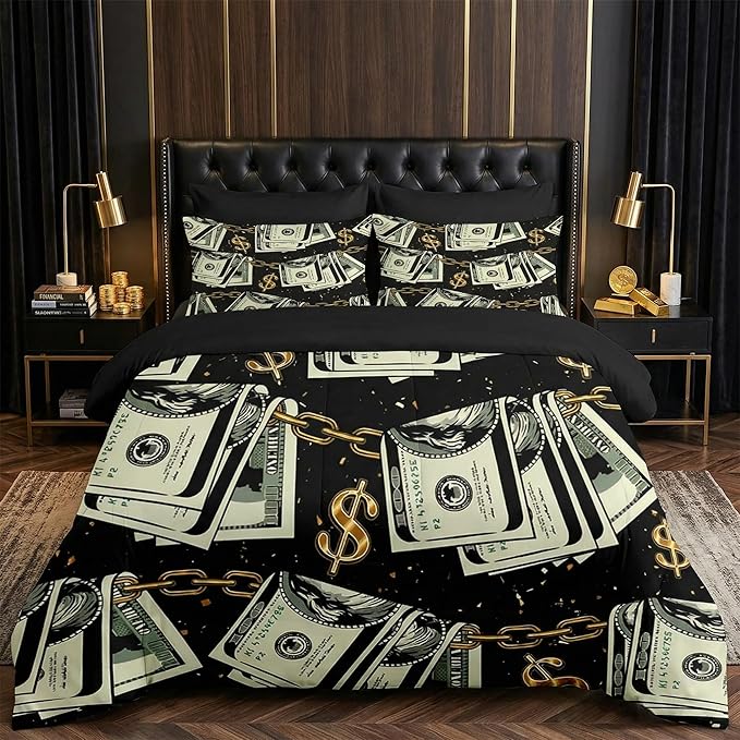 Nesker 5 Pcs Comforter Set Twin Size, Gold Money Bill Coins Bedding Set for Kids and Adults, Abstract One Hundred Dollar Bed Sheet Sets with Fitted Sheet Pillowcases & Shams