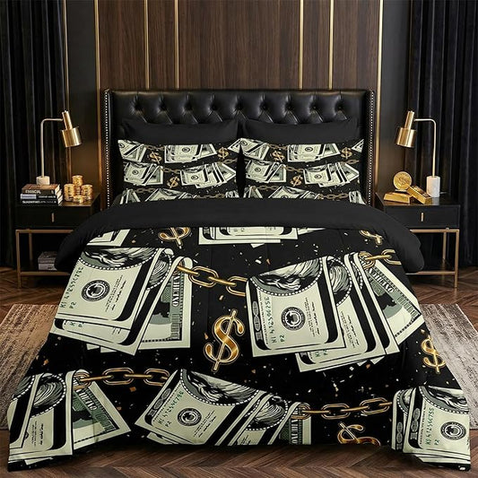 Nesker 5 Pcs Comforter Set Twin Size, Gold Money Bill Coins Bedding Set for Kids and Adults, Abstract One Hundred Dollar Bed Sheet Sets with Fitted Sheet Pillowcases & Shams