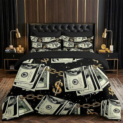 Nesker 7 Pcs Comforter Set King Size, Gold Money Bill Coins Bedding Set for Kids and Adults, Abstract One Hundred Dollar Bed Sheet Sets with Fitted Sheet 2 Pillowcases & 2 Shams