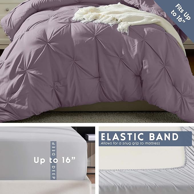 Nestl Twin Comforter Set 5 Piece - Pintuck Twin Bedding Set Grayish Purple, College Dorm Essentials for Girls and Boys Bed in a Bag Twin All Season, Twin Comforter Set with Sheets, Pillowcase and Sham