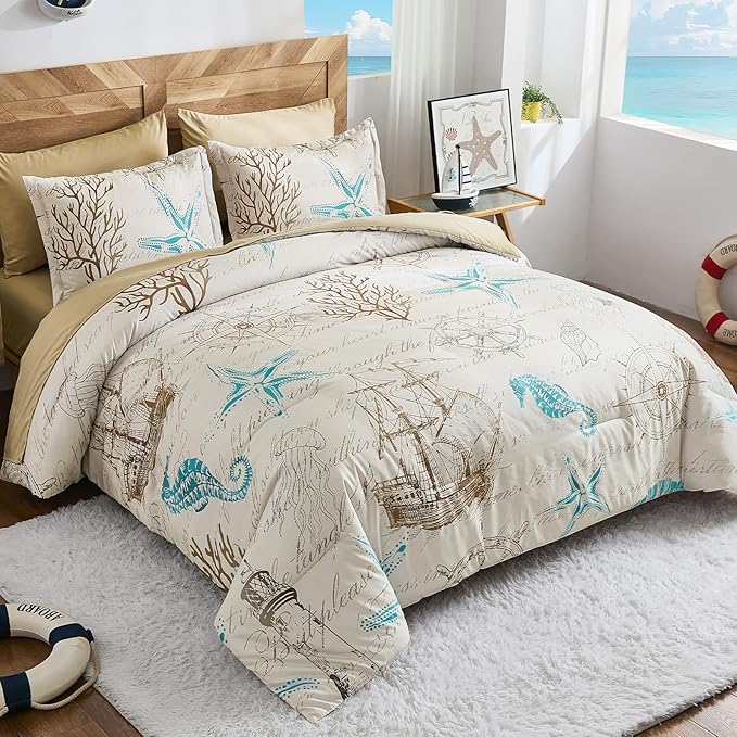 Comforter Set King Size Coastal, Beach Themed Comforters,7 Pieces Ocean Starfish Bed in a Bag Nautical Bedding with Sheets for Spring Summer