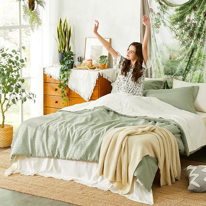 Geniospin King Comforter Set - 7 Pieces Textured Sage Green Bedding Sets, Shabby Chic Comforter Set, All Season Comfortable Bed in a Bag with Comforter, Sheets, Pillowcases & Shams