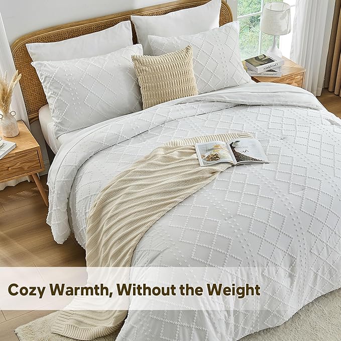 Nesker Boho Twin Comforter Set - 5 Pcs Tufted Whilt Bedding Sets, Soft Cozy Chic Bed in a Bag, Vintage Shabby Bed Set All Season with Comforter, Fitted Sheet, Flat Sheet & Pillowcases