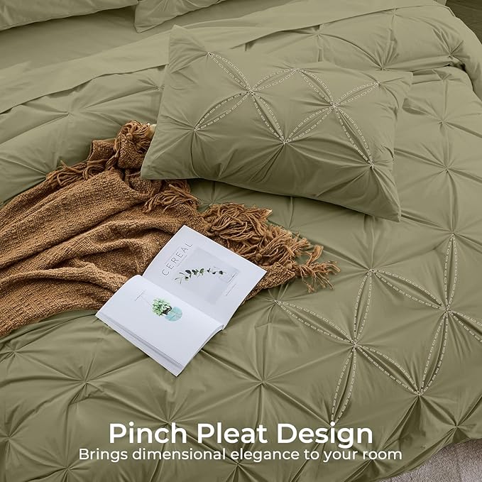 Sasttie King Size Comforter Set, 7-Piece Bed in a Bag, Pintuck Bedding Sets for All Season, Includes Comforter, Flat Sheet, Fitted Sheet, Pillowcases and Pillowshams, Olive Green