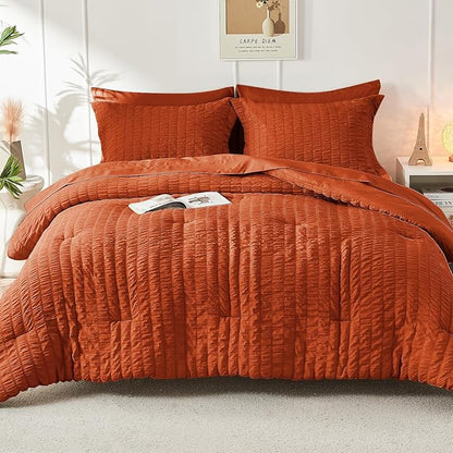 HYMOKEGE Burnt Orange California King Comforter Set Seersucker 7 Pieces, All Season Luxury Bed in a Bag for Bedroom, Bedding Set with Comforters, Sheets, Pillowcases & Shams