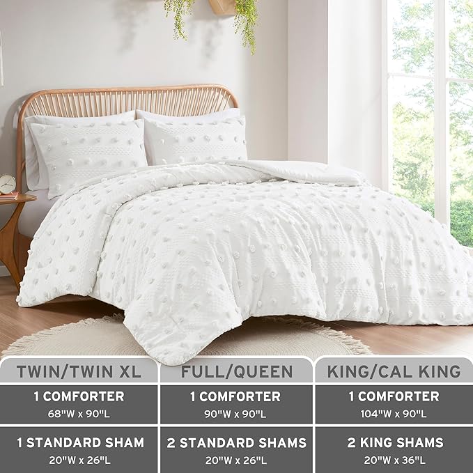 Intelligent Design King Comforter Set, Clipped Jacquard Comforter Set Chic Pompoms Accent, All Seasons Lightweight & Fluffy Comforter Bed Set with 2 Shams, Lucy, King/Cal King Ivory 3 Piece