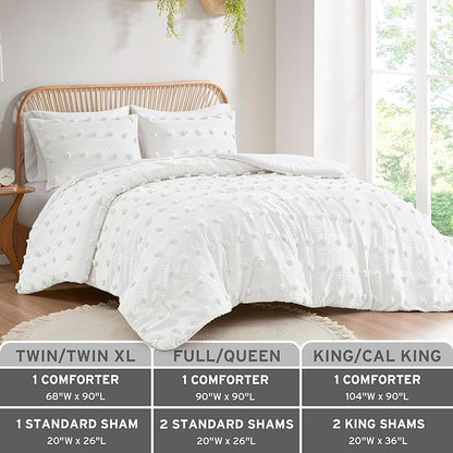 Intelligent Design King Comforter Set, Clipped Jacquard Comforter Set Chic Pompoms Accent, All Seasons Lightweight & Fluffy Comforter Bed Set with 2 Shams, Lucy, King/Cal King Ivory 3 Piece