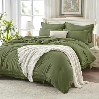 Andency Oversized King Comforter Set with Sheets 128x120 Olive Green - 7 Pieces Bed in a Bag Boho Soft Lightweight Bedding Sets, Tassel Bed Set with Comforter, Sheets, Pillowcases & Shams