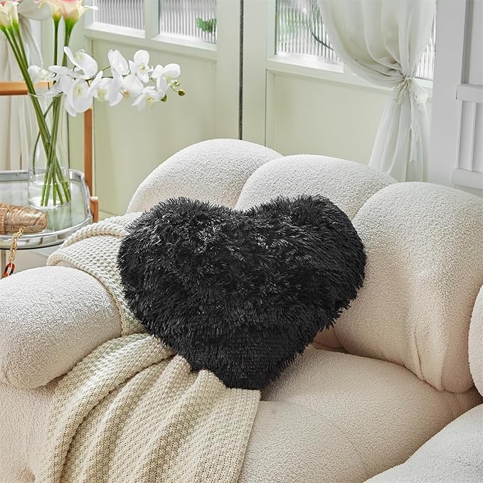 MOOWOO Fluffy Heart Pillow, Faux Fur Throw Pillow,Sherpa Plush Fluffy,Cute Soft Throw Cushion, Valentines Day,Thanks Giving Days,Christmas Day Decorative for Home Bed Couch Heart Shape