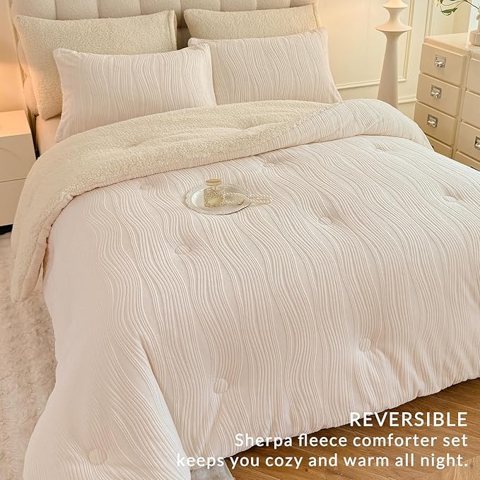 3D Striped Jacquard Sherpa Comforter Set King Size, Geometric Pattern Boho Quilt Bedding 3 Pieces Warm Cozy Fuzzy Comforter with 2 Pillowcases(104"X90" Ivory White)