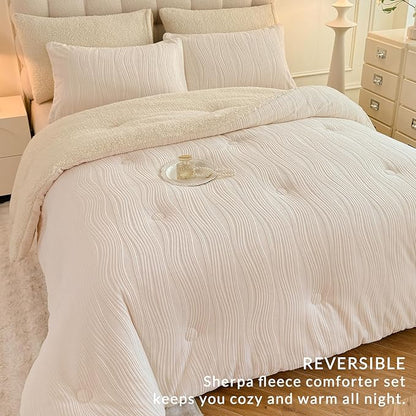 3D Striped Jacquard Sherpa Comforter Set Twin Size, Boho Geometric Pattern Quilt Bedding 2 Pieces Warm Cozy Fuzzy Comforter with 2 Pillowcases(68"X90" Ivory White)