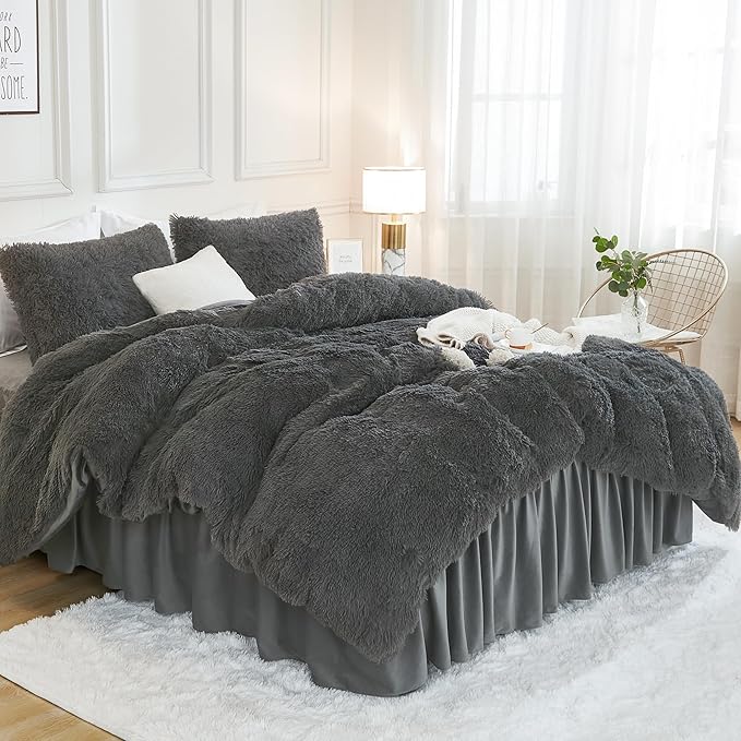 Andency Faux Fur Dark Grey Comforter Full Size, 3 Pieces Fluffy Fuzzy Plush Gray Bedding Comforter Set (1 Shaggy Velvet Comforter & 2 Pillowcases), Soft Puffy Comfy Bedding Set