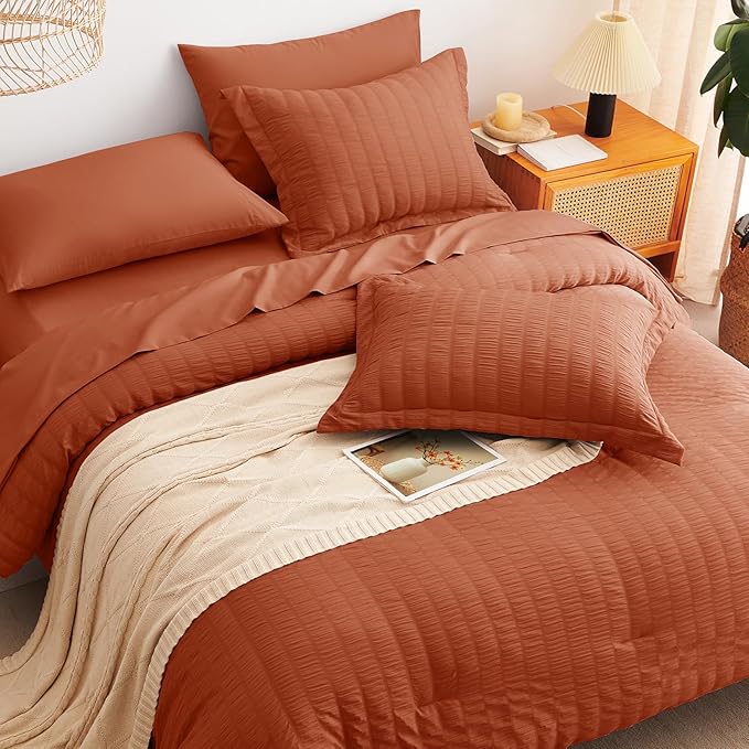 CozyLux Full Size Comforter Sets with Sheets Seersucker 7 Pieces Burnt Orange Bed in a Bag Luxury Terracotta Bedding Set with Down Alternative Comforter, Sheets, Pillowcases & Shams for All Seasons