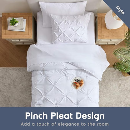 Nestl Twin Comforter Set 5 Piece - Pintuck Twin Bedding Sets White, College Dorm Room Essentials for Girls and Boys Bed in a Bag Twin All Season, Twin Comforter Set with Sheets, Pillowcase and Sham
