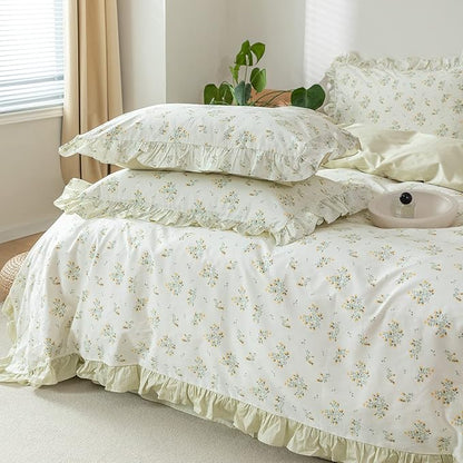 HighBuy Green Floral Comforter Set Twin XL Lace Ruffles Reversible Stripes Comforter Fluffy with 2 Pillow Shams Toddler Girls Boho Romantic Lace Coquette Bedding Set