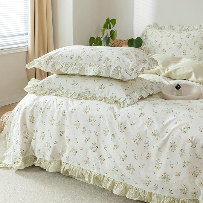 HighBuy Garden Flower Comforter Set Full Green Floral Bedding Comforter Set Stripes Farmhouse Bedding Set 1 Lace Ruffle Comforter and 2 Lace Pillowcases Romantic Comforter Sets for Girls Women