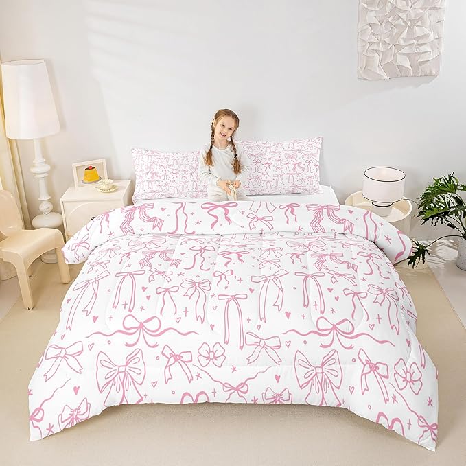 Pink Bowknot Kids Girls Comforter Set King Size,Cartoon Hand Drawn Stars Love Bow Quilt Set,Sweet Princess Style Bedding Set for Teens Woman Room Decor,Dreamy Pink White Duvet Insert 3Pcs