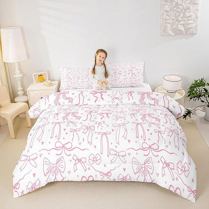 Pink Bowknot Kids Girls Comforter Set King Size,Cartoon Hand Drawn Stars Love Bow Quilt Set,Sweet Princess Style Bedding Set for Teens Woman Room Decor,Dreamy Pink White Duvet Insert 3Pcs