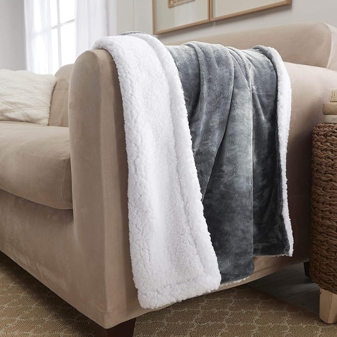 Genteele Sherpa Throw Blanket Super Soft Reversible Ultra Luxurious Plush Blanket, 60 x 80 inches, Gray/White