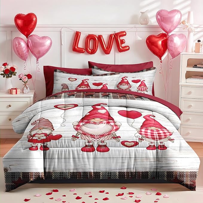 Nesker 7 Pcs Valentine's Day Comforter Set Queen Size, Cute Gnome Romantic Bedding Set for Kids and Adults, Christmas Love Funny Sheets Bed Sheet Sets with Fitted Sheet 2 Pillowcases & 2 Shams