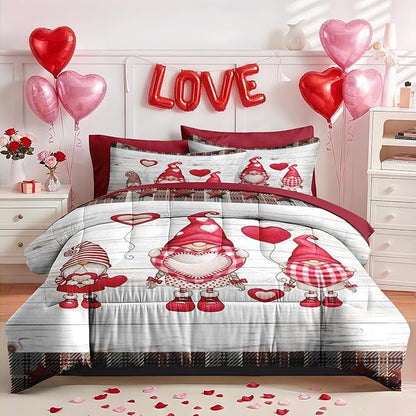 Nesker 7 Pcs Valentine's Day Comforter Set Queen Size, Cute Gnome Romantic Bedding Set for Kids and Adults, Christmas Love Funny Sheets Bed Sheet Sets with Fitted Sheet 2 Pillowcases & 2 Shams