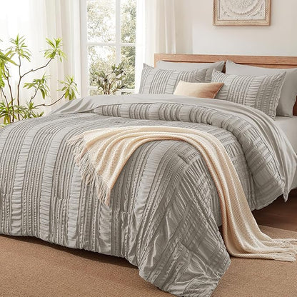 Grey Tufted Comforter Set King Size 7 Piece Bed in a Bag，Shabby Chic Boho Bedding for Bedroom Comforter，All Season Soft Microfiber Ruffle Comforter Set with Pillow and Sheets