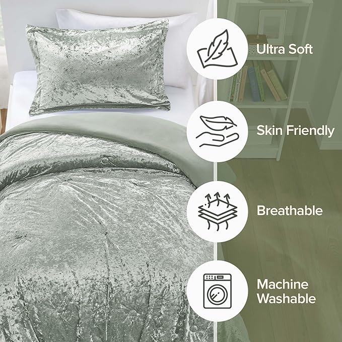 Comfort Spaces Luxe Velvet Comforter Set for Twin Size Bed, Microfiber Reverse, Juliette, All Season Bedding, Fluffy Bed Set, Sham, Sage Green 2 Piece