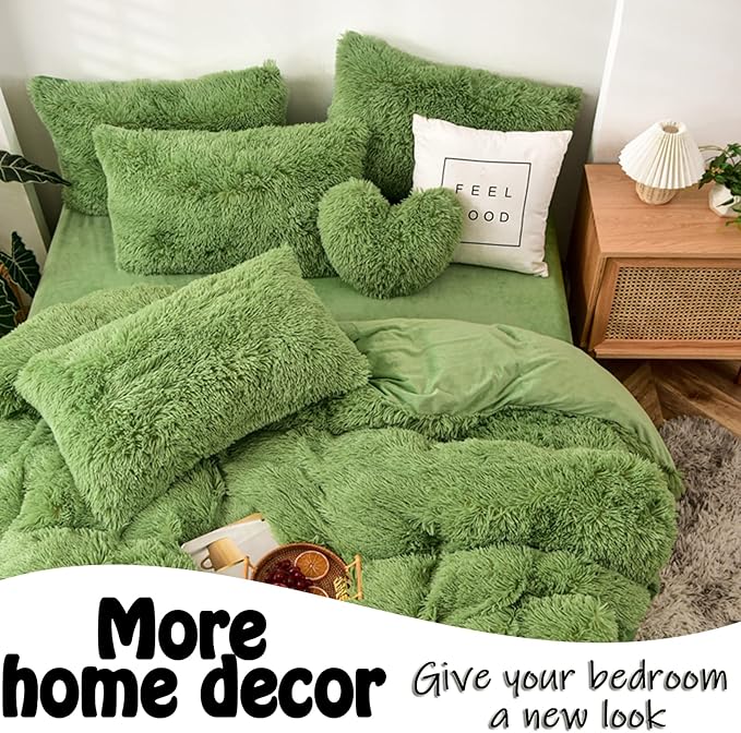 MorroMorn Fluffy Heart Throw Pillows, Shaggy Decorative Pillow for Sofa Couch Bed, Cute Room Decor Decorations for Women Girls Kids (Green)