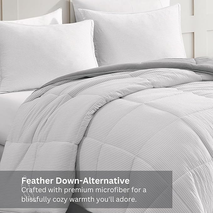 Casa Platino Fluffy Duvet Insert - Pre-Washed Hydro-Brushed 100% Microfiber Comforter Set - Comfy Bedding King Size - Ticking Stripe Silver