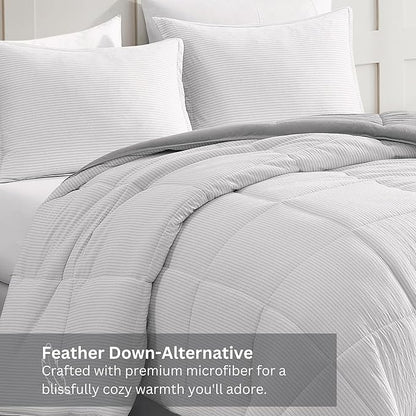 Casa Platino Fluffy Duvet Insert - Pre-Washed Hydro-Brushed 100% Microfiber Comforter Set - Comfy Bedding King Size - Ticking Stripe Silver
