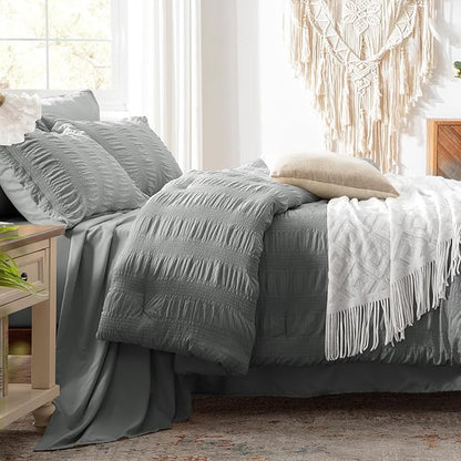 Zzlpp Full Comforter Set 7 Pieces, Grey Seersucker Bed in a Bag with Comforter and Sheets, All Season Bedding Sets with 1 Comforter, 2 Pillow Shams, 2 Pillowcases, 1 Flat Sheet, 1 Fitted Sheet