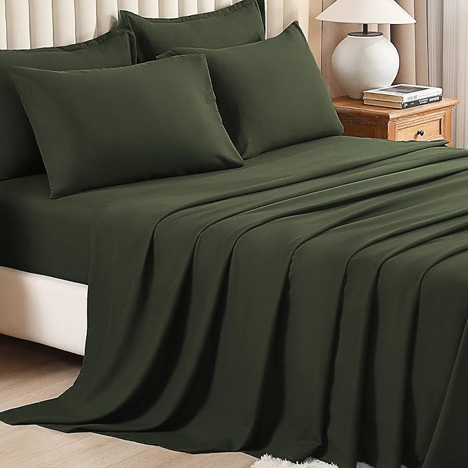 Litanika Dark Olive Green Queen Size Comforter Set - 7 Pieces Bed in a Bag Queen Bedding Comforter Sets, Plain Lightweight Bed Set with Comforter, Sheets, Pillowcases & Shams