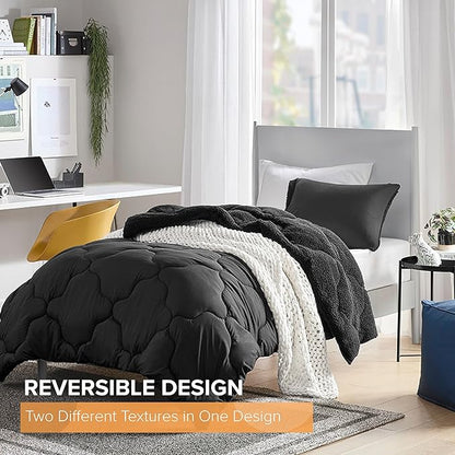 Comfort Spaces Comforter Set, Chic Reversible Quatrefoil Quilting, Sherpa Comforters Twin, All Seasons, Lightweight Microfiber Bedding Set Matching Sham, Vixie, Twin/Twin XL Black/Black 2 Piece