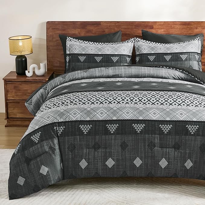 Xruibed Grey Queen Comforter Set 7 Pieces, Gray Boho Striped Bed in a Bag Queen Size Soft Microfiber All Season Bedding Set with Comforter, Sheets, Pillowcases & Shams(90"×90")