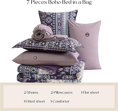 Geniospin Full Comforter Set - 7 Pieces Bed in a Bag, Comfortable Western Bedding Sets for All Seasons, Lightweight Soft Boho Comforter Bed Set with Sheets, Pillowcases & Shams
