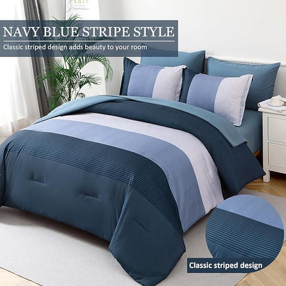 WONGS BEDDING Navy Blue Comforter Set Queen, Reversible Striped Patchwork Down Alternative Comforter,3 Pieces (1 Comforter+2 Pillowcases), Soft Microfiber Bedding Duvet Insert Set 90"×90"