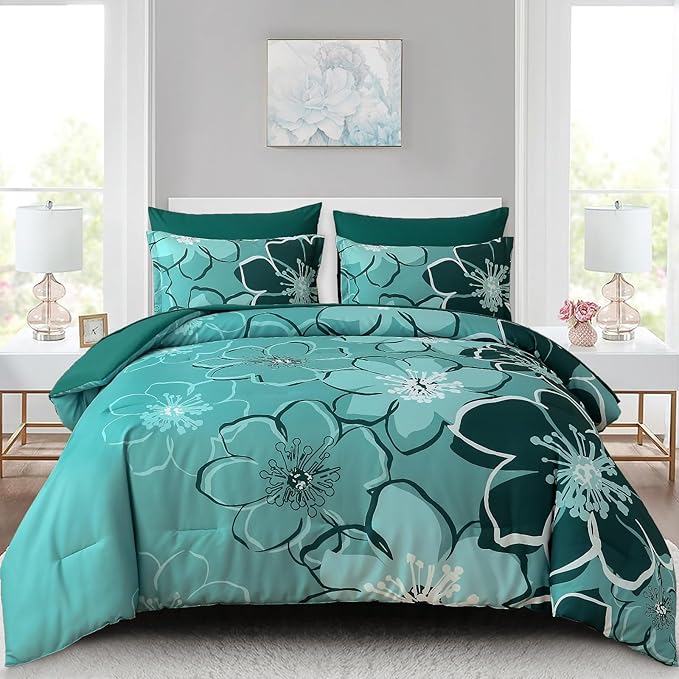 Anibedding 7Pieces Dark Green Floral Comforter Set King Size, Soft Microfiber Green Bed in a Bag Comforter Set with Sheets for All Season