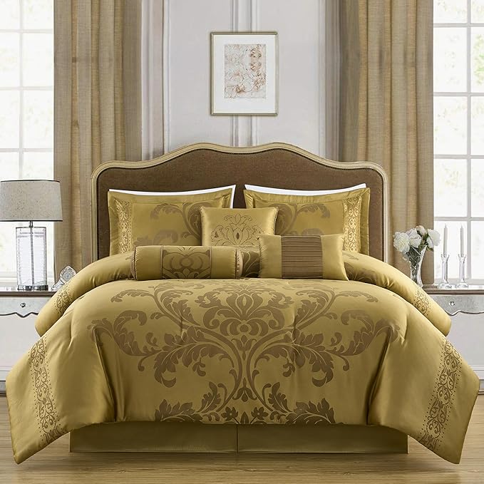 Chezmoi Collection Royale 7-Piece Jacquard Floral Comforter Set, Oversized King, Gold