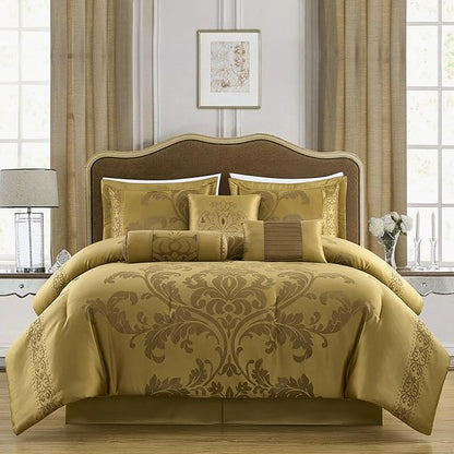 Chezmoi Collection Royale 7-Piece Jacquard Floral Comforter Set, Oversized Queen, Gold