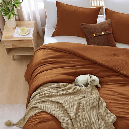 WRENSONGE Queen Comforter Set - 3 Pieces Prewashed Burnt Orange Comforter Soft Lightweight for All Seasons, Fluffy Down Alternative Comforter Queen Size with 2 Pillow Shams