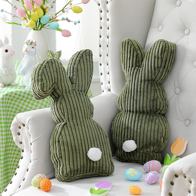 2 Pcs Easter Bunny Shaped Pillow Cute Decorative Rabbit Throw Pillow Bunny Stuffed Soft Corduroy Striped Textured Cushion Case for Spring Easter Party Couch Sofa Home Decor, Olive Green