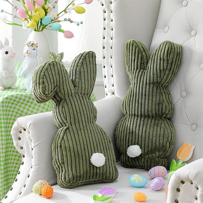 2 Pcs Easter Bunny Shaped Pillow Cute Decorative Rabbit Throw Pillow Bunny Stuffed Soft Corduroy Striped Textured Cushion Case for Spring Easter Party Couch Sofa Home Decor, Olive Green
