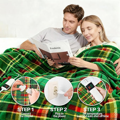 Electric Blanket Heated Throw, Soft Flannel 50"x60" Plaid Heating Blanket with 8 Hours Auto Off 10 Fast Heating Levels Machine Washable Sherpa Heated Blanket with Overheating Protection
