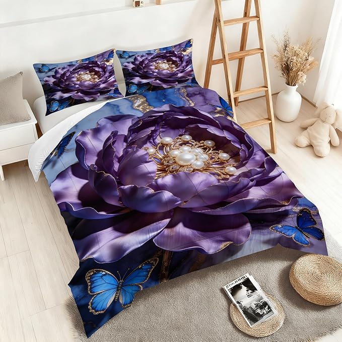 Purple Floral Butterfly Comforter Set Twin Size Purple Blue Gold Marbled Bedding Set for Kids Adults Elegant Marbling Flower Bed Set Soft Modern Art Quilt Set with 1 Comforter + 1 Pillowcase