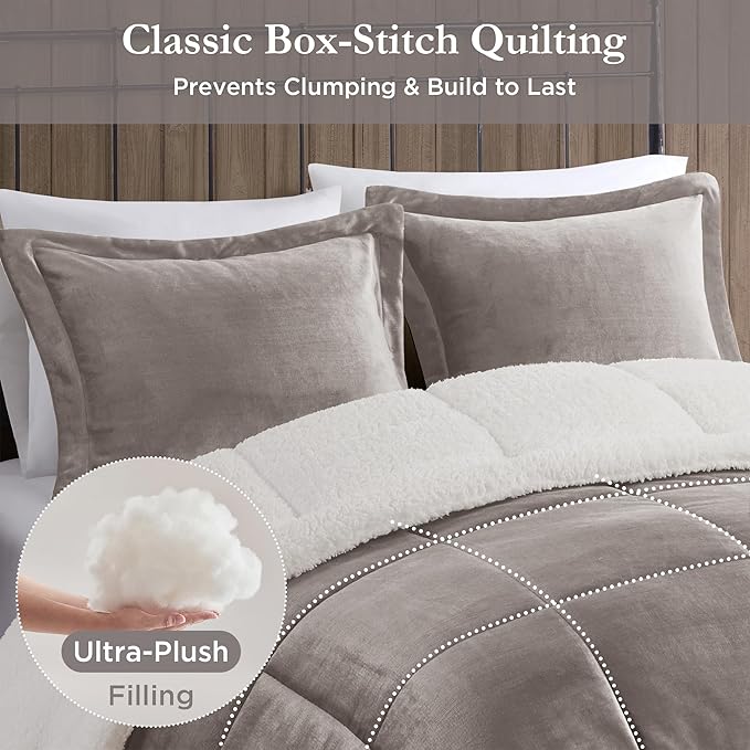 Woolrich Reversible Comforter Set Ultra Soft Plush to Sherpa, Down Alternative, Cold Weather Winter Warm Bedding, with Matching Sham, Decorative Pillow Grey/Ivory King 3 Piece